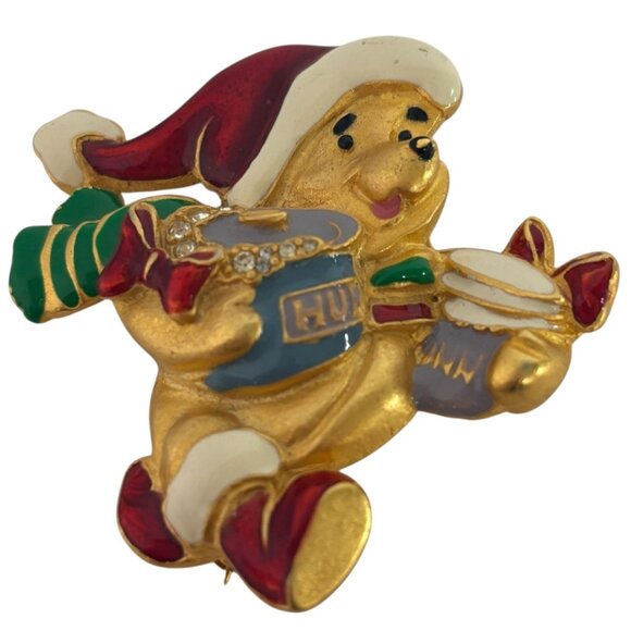 Disney Christmas Winnie the Pooh Bear Enamel Gold Tone Pin Brooch Holidays 2inch - Picture 1 of 7